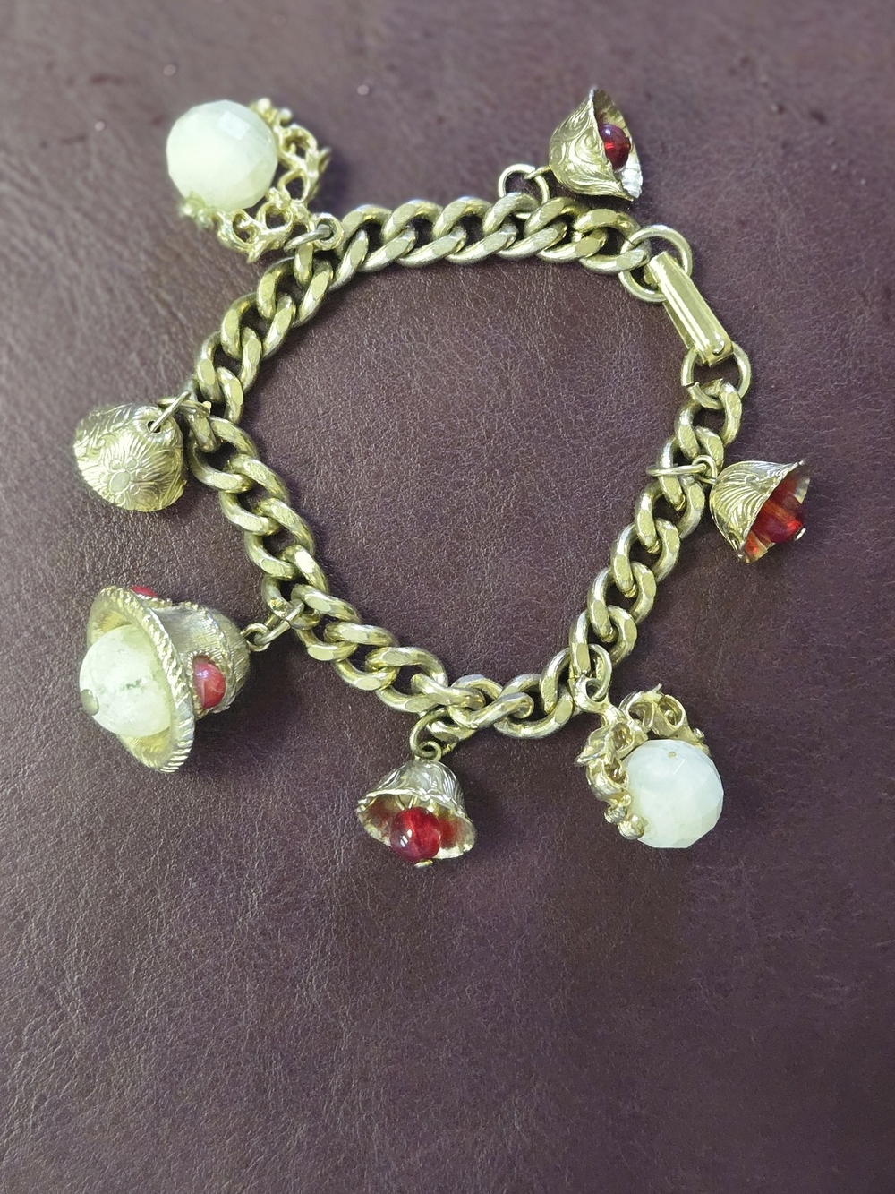 VINTAGE Bell CHARM Gold-Tone Bracelet with White Beads and Red Accents, Jingles